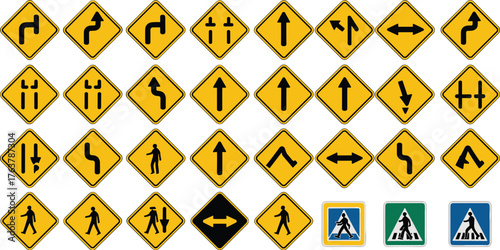 Road and pedestrian signs illustration, traffic warning vector set, yellow diamond signs artwork, directional arrows graphic, school zone design elements