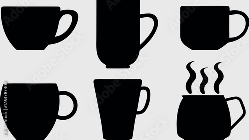 Collection of diverse modern black coffee and tea cups with steaming mugs for cozy beverage moments