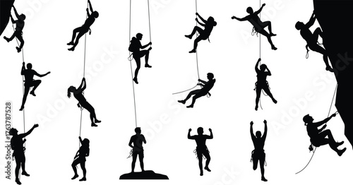 Rock climber silhouettes, black and white vector illustration, rappelling and climbing poses, outdoor adventure artwork, extreme sport design elements