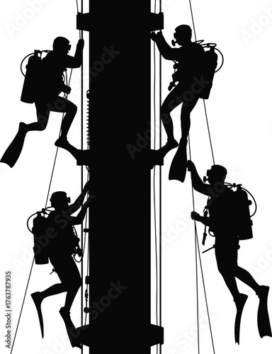 Scuba divers climbing underwater structure, black and white silhouette illustration, marine exploration vector, diving teamwork artwork, ocean activity design