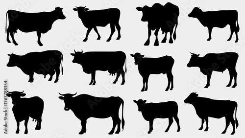 Diverse cow silhouettes showcase farm animals in various poses, perfect for agricultural and ranching themes.