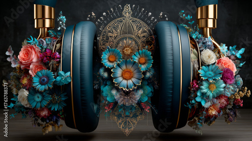 Illustration of a headphone with beautiful floral elements on blackboard. EPS 10. Transparency. No gradients.
