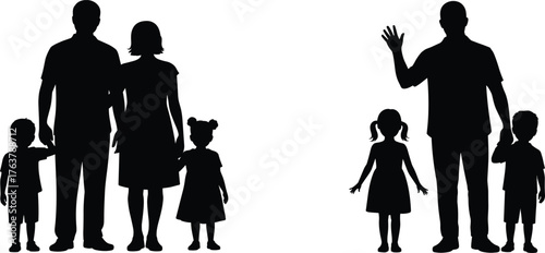 Silhouette of happy family with parents and children standing together and waving, concept of love, unity, parenting, and family relationship