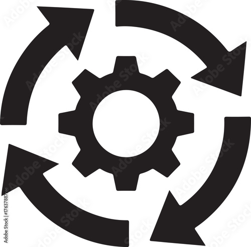 Vector art of gear surrounded by circular arrows, represents process, workflow, or continuous improvement, rendered in a clean, minimalist style for technical or business contexts outline icon on