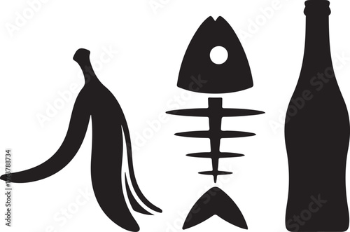 food waste banana peel, fish bone, and bottle silhouette, represents waste, trash, or discarded items, rendered in a simple, minimalist style for environmental or recycling themes outline icon on