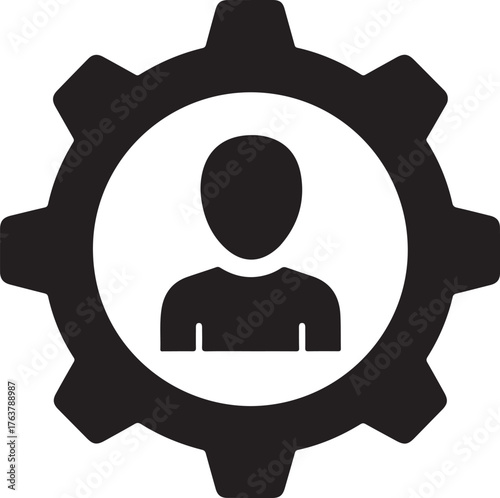 Gear with a person inside personal management, HR vector icon silhouette