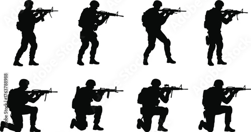 Soldier silhouette collection with rifle, military combat poses, army man vector illustration, tactical soldier action, armed forces defense, warfare training design elements