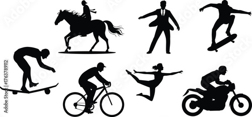 Sport and activity silhouette collection, skateboarder cyclist dancer motorcyclist horse rider businessman figures, black vector illustration for motion, lifestyle, and action concept design