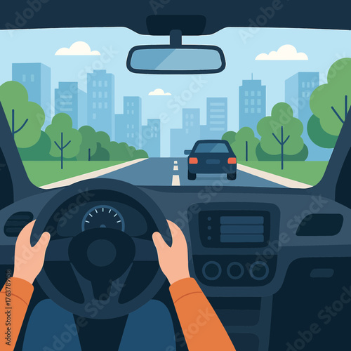 Person Driving Car Through City Streets Flat Vector Illustration