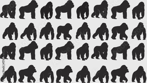 Dynamic gorilla silhouettes showcase powerful stances and movements, perfect for wildlife themes.