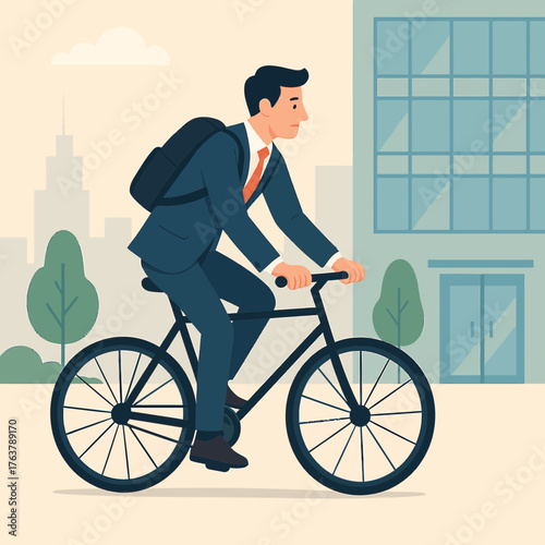 Businessman Riding Bicycle to Office Flat Vector Illustration
