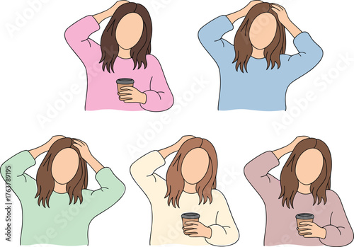 Stylish woman illustration, faceless character design, hand on head pose, coffee cup gesture, fashion variety, hairstyle change, pastel outfit, modern aesthetic