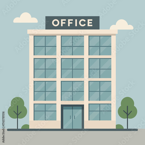  Office Building with Large Windows Flat Vector Illustration