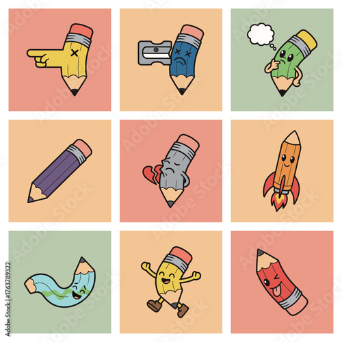 Set of cute cartoon pencils with different emotions and actions vector illustration
