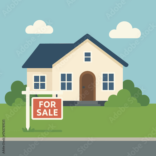House for Sale with For Sale Sign Flat Vector Illustration