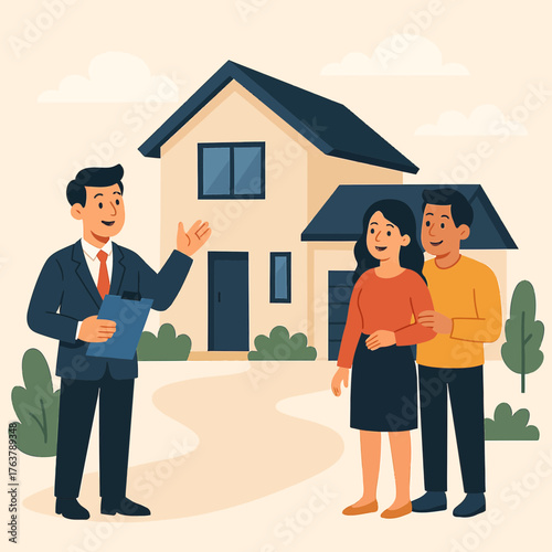 Real Estate Agent Showing House to Clients Flat Vector Illustration