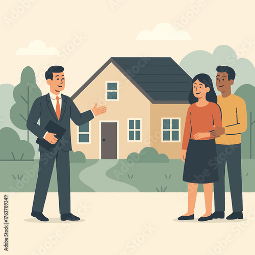 Real Estate Agent Showing House to Clients Flat Vector Illustration