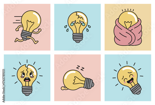 Set of broken and happy light bulb characters showing various emotions and actions vector illustration
