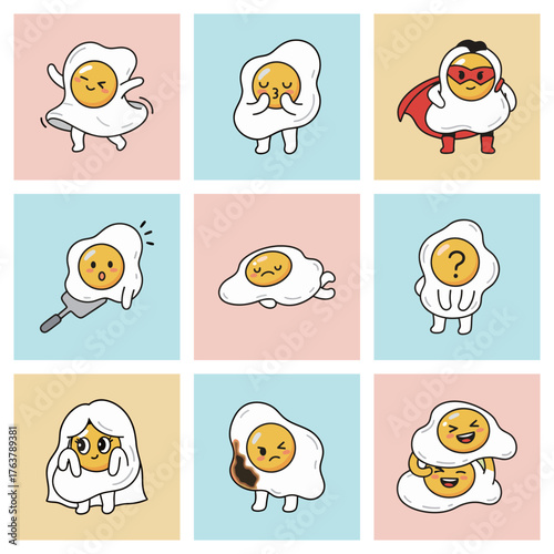 Set of cute cartoon fried eggs with different emotions and actions vector illustration