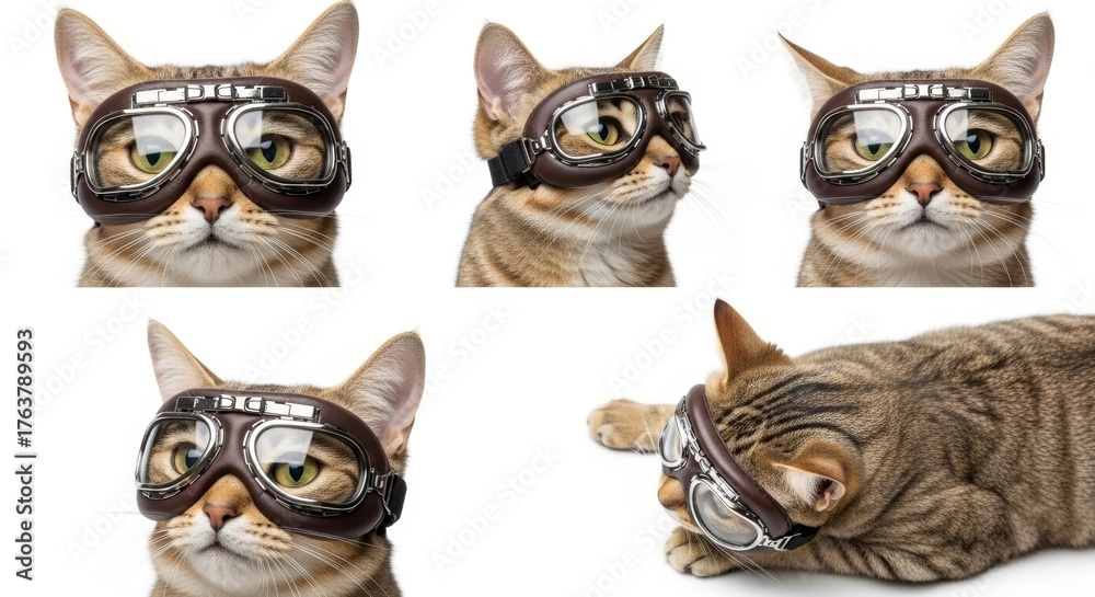 Fototapeta premium cat wearing goggles on it's head on a solid white background