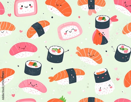 Whimsical illustration features assorted sushi rolls with cheerful facial expressions, creating a playful and lighthearted pattern on a soft green background
