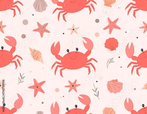Whimsical illustration features repeating red crabs, starfish, and seashells on a light background. Design elements include small sprigs and dots