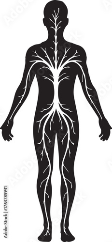  silhouette of a human body with tree branches extending from the shoulders and torso, symbolizing connection to nature and the interconnectedness of life, outline icon on