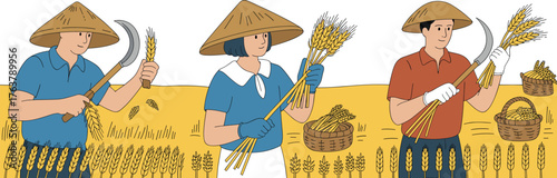 Traditional wheat harvesting illustration, manual farming, agricultural labor, conical hats, crop gathering, rural workers, golden field, food production, harvest tools, baskets