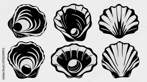 Elegant collection of six stylized black and white shell designs, some featuring pearls, perfect for coastal themes.