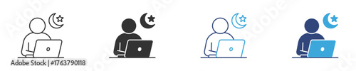 Night shift work icon set, Overtime Icon , Late night worker at computer icon, vector illustration . 