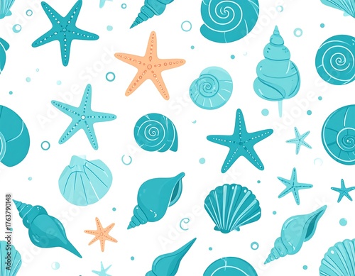 Whimsical illustration features various seashells and starfish against a crisp white background. Bubbles add to the marine theme
