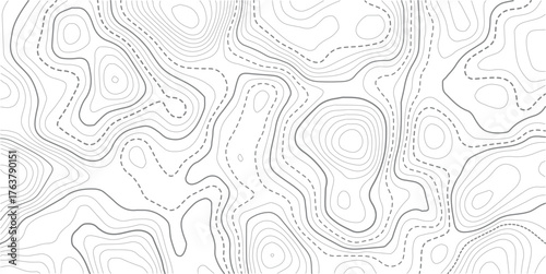 Stylized topographic contour map. Geographic line mountain relief. Abstract lines or white background. Cartography, topology, or terrain path concept. Vector illustration with editable stroke