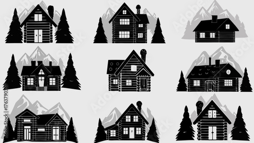 Charming log cabin scenes nestled among pine trees and majestic mountains evoke rustic tranquility and adventure