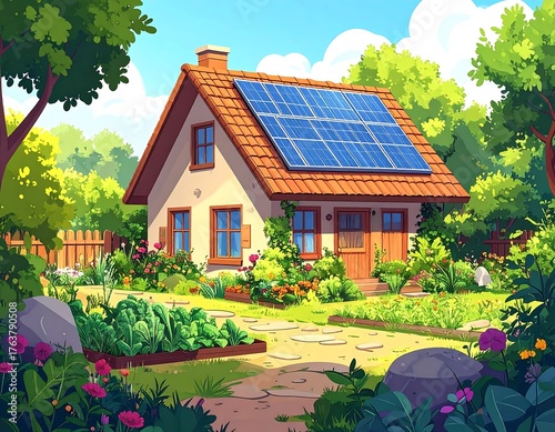 Whimsical illustration of a charming cottage nestled in a vibrant garden, with solar panels on the roof