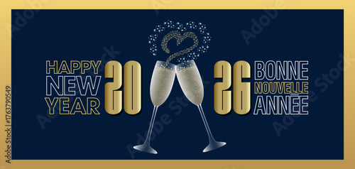 2026 - Souhaiter en amoureux le nouvel an avec cette carte illustrée de 2 coupes de champagne - fond bleu nuit - texte français et anglais.