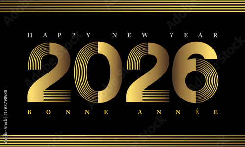 2026 - Bannière pour annoncer la nouvelle année avec des chiffres graphiques or sur fond noir - texte français, anglais.