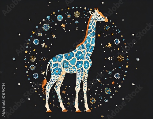 Whimsical illustration of a giraffe with a patterned coat, framed by a sparkling floral and star-filled halo, set against a dark backdrop