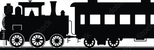 Vintage steam locomotive silhouette illustration, black and white train vector, passenger car artwork, historical rail transport design, classic engine graphic