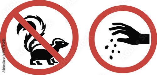 Wildlife prohibition sign illustration, red circle silhouette vector, skunk and feeding ban artwork, park behavior warning design elements