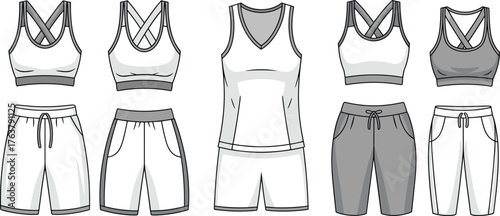 Women activewear set, sports bra, tank top and shorts, fitness outfit CAD vector flat, fashion apparel technical drawing illustration