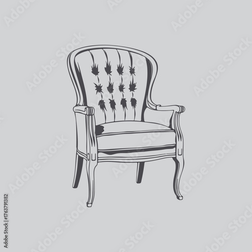 Elegant vintage armchair sketch with detailed tufting and ornate wooden frame