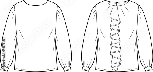 Women's blouse technical sketch, front and back view, ruffle detail, gathered sleeve, round neckline, cuffed wrist, cad drawing flat vector illustration