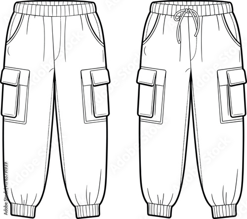 Women's cargo pants technical sketch, elastic waistband with drawstring option, flap thigh pockets, elastic cuffs, cad drawing flat vector illustration