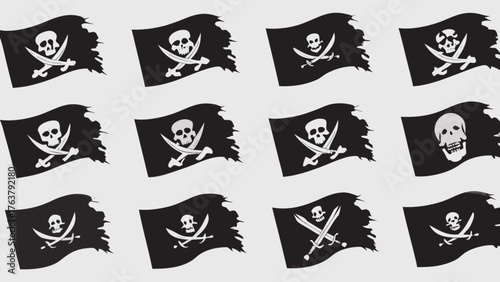 Dynamic collection of classic pirate flags with skull and crossbones, ready for adventure