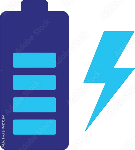 Vector illustration of a battery full of power next to a lightning bolt symbol