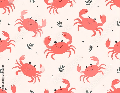 Whimsical pattern featuring cheerful, cartoon crabs scattered across a pale pink background with subtle leaf accents. Playful and charming design