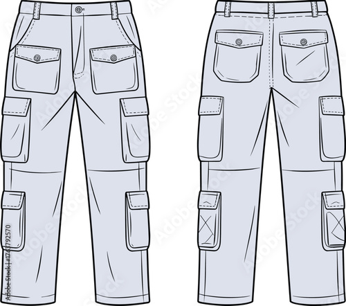 Women's cargo pants technical sketch, multi-pocket design, flap thigh and leg pockets, belt loops, button closure, cad drawing flat vector illustration