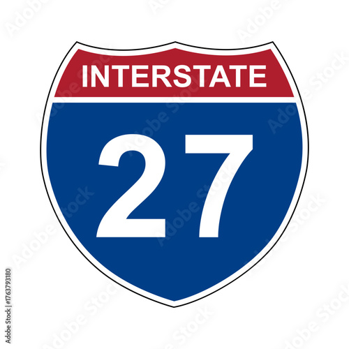 Interstate 27. Interstate highway sign. Road number. Signpost indicating route numbers in the U.S. Interstate Highway System. Even numbers run west to east. Odd numbers run north to south.