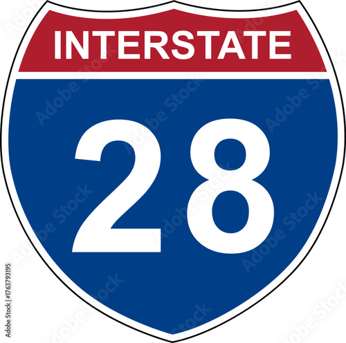 Interstate 28. Interstate highway sign. Road number. Signpost indicating route numbers in the U.S. Interstate Highway System. Even numbers run west to east. Odd numbers run north to south.