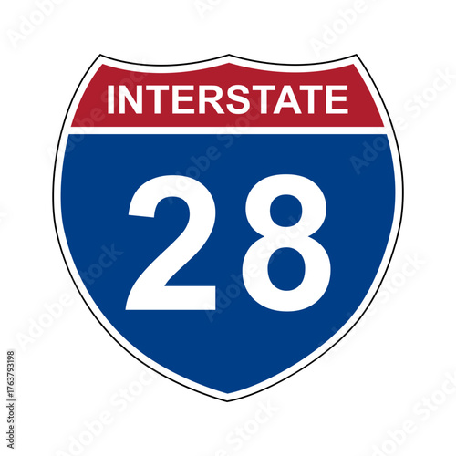 Interstate 28. Interstate highway sign. Road number. Signpost indicating route numbers in the U.S. Interstate Highway System. Even numbers run west to east. Odd numbers run north to south.